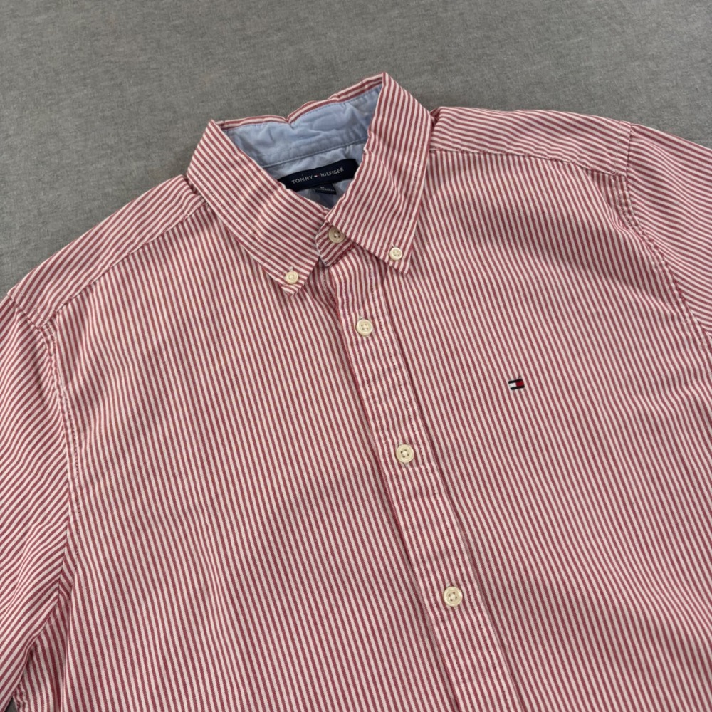 Tommy Hilfiger Mens Red White Striped Short Sleeve Button Down Shirt Medium